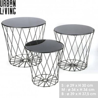 "BOUDOIR FROUFROU" SET VAN 3 BANK-ZIJTAFELS MET ZWARTE METALEN STRUCTUUR