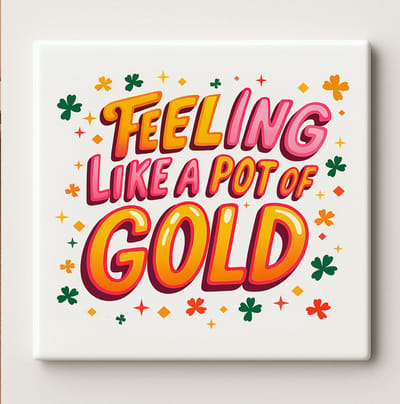 Motiverende Tegel “Feeling Like a Pot of Gold” 15x15 cm – Vrolijke en Kleurrijke Keramische Wanddecoratie Cadeau voor Positiviteit en Huisdecoratie