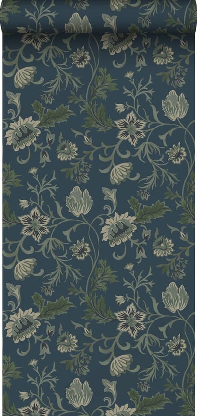 ESTAhome behang vintage bloemen donkerblauw en groen - 53 cm x 10.05 m - 139416