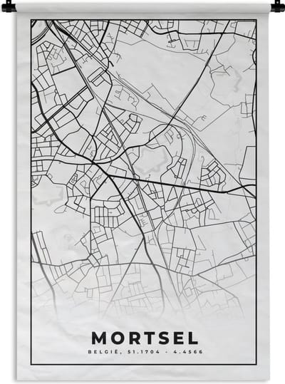 Wandkleed - Wanddoek - Zwart Wit – België – Plattegrond – Stadskaart – Kaart – Mortsel - 120x180 cm - Wandtapijt