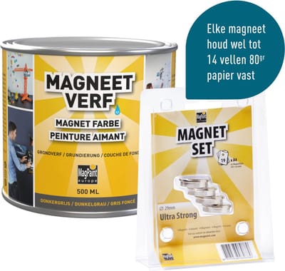 MagPaint Magneetverf Starterspakket - 500ml (1m²) - Inclusief 4 Super Sterke 22mm Magneten (Neodymium)