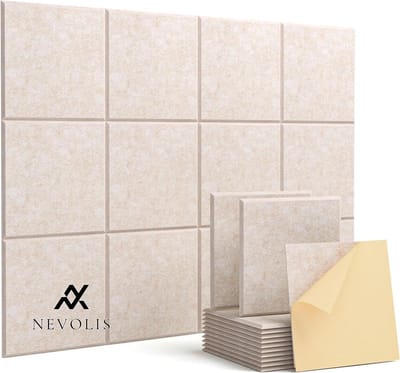 Nevolis Acoustic Panels Self-Adhesive Soundproofing Wall - High Density Polyester Beveled Edge Design Ceilings Wood Doors 30 x 30 x 1 cm (Beige) .