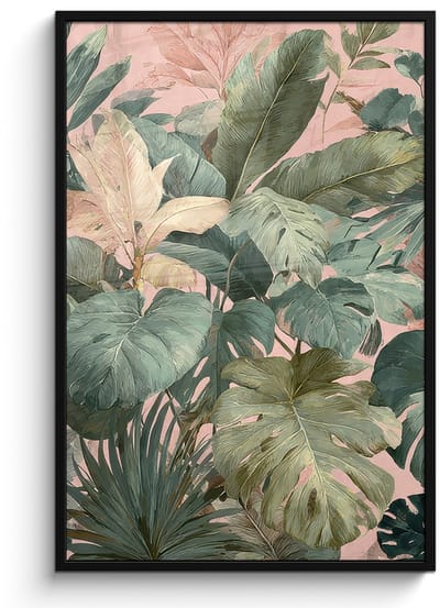 Poster in lijst - Fotolijst 80x120 cm - Posters - Compositie van bladeren - Groen - Roze - Posterlijst zwart - Decoratie - Wanddecoratie woonkamer - Muurdecoratie slaapkamer