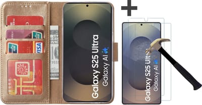 Hoesje met 2 Stuks Screenprotectors Geschikt voor Samsung Galaxy S25 Ultra – Arara bookcase met pasjeshouder - Goud