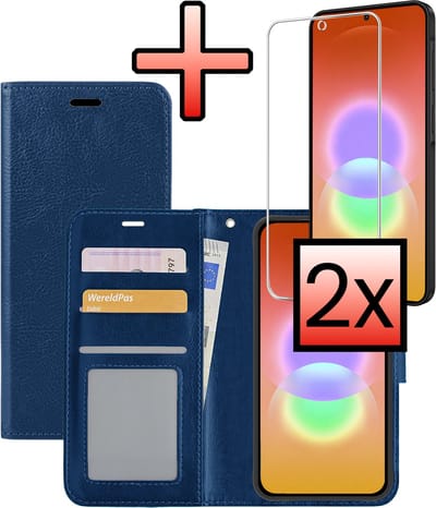 Hoesje - Met 2x Screenprotector - Geschikt voor Samsung Galaxy A27 - Luxe Pasjeshouder - Bookcase Portemonee - Flip Case - Kunstleer Book Case - Flipcase Hoes - Book Cover - Walletcase - Portemonneehoes - Donkerblauw