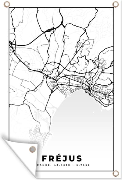 Muurdecoratie Frankrijk - Plattegrond - Fréjus - Stadskaart - Kaart - Zwart wit - 120x180 cm - Tuinposter - Tuindoek