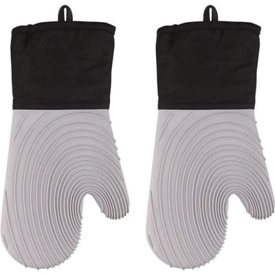 Hittebestendige Antislip Siliconen Ovenwanten Set, Zachte Polyester Voering, Waterdicht, Lange Flexibele Dikke Handschoenen Voor Keuken Koken grijze kleur