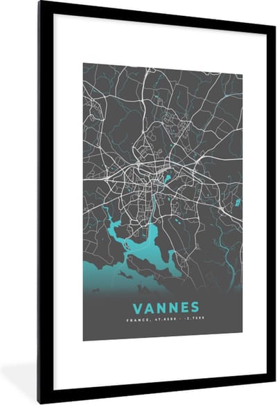 Fotolijst incl. Poster - Plattegrond - Kaart - Stadskaart - Vannes - Frankrijk - 80x120 cm - Posterlijst
