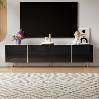 Wishdor - Tv-Meubel - 4 Deuren - Softclose Scharnieren - Hoogglans Afwerking - Zwart Met Goudkleurige Accenten - 170 X 35 X 46 Cm