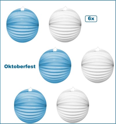 6x Lampion Oktoberfest 25cm - blauw en wit - festival thema feest verjaardag party papier BBQ strand licht Apres ski