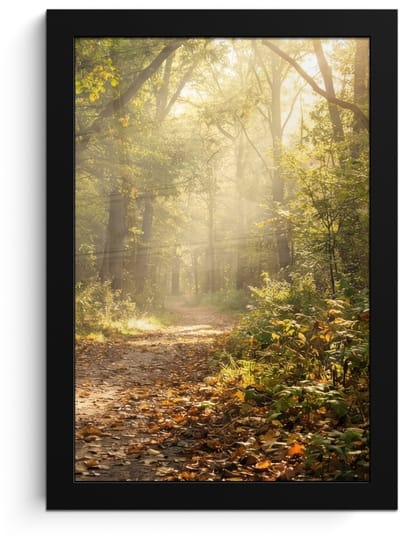 Poster in lijst - Fotolijst 20x30 cm - Posters - Zonlicht - Bospad - Bomen - Posterlijst zwart - Decoratie - Wanddecoratie woonkamer - Muurdecoratie slaapkamer