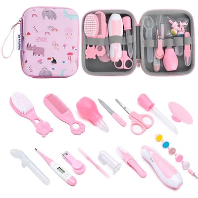 Kit de Soins pour Bébé Nouveau-né Ongles Cheveux Santé Thermomètre Brosse de Soin Coupe-ongles Ciseaux Articles de Toilette Ensemble de Soins de Santé pour Chambre de Nouveau-né rose