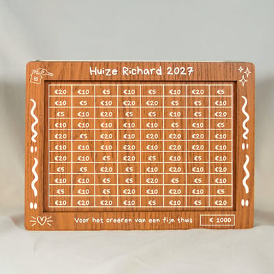 Gepersonaliseerd housewarming cadeau - Houten spaarpot met naam €1000 - Nieuwe woning cadeau - Verhuiscadeau kleinigheidje