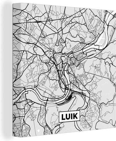 Canvas Schilderij Stadskaart – Plattegrond – België – Zwart Wit – Luik – Kaart - 20x20 cm - Wanddecoratie