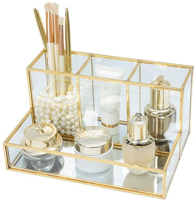carmdering - Make Up Kosmetik Organizer - Beauty Organizer - Cosmetica Opberger - Ruimtebesparend Ontwerp - Veelzijdige Opbergoplossing - Messing en Versterkt Glas - Elegant en Duurzaam - Houdt Uw Tafel Netjes - 1 Stuk