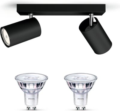 Philips Kosipo Opbouwspot (Zwart) - Warmwit Licht - Plafondspot met 2 Lichtpunten - GU10 - SceneSwitch - Eenvoudig Dimbaar met Je Klassieke Schakelaar