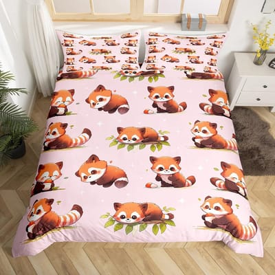 Schattige Rode Panda Dekbedovertrek King SizeRoze Liefdessterren Beddengoed Set Kawaii Cartoon Dieren Dekbedovertrek Meisjesachtig Zoet Dekbedovertrek EU Single(135*200cm)3pcs