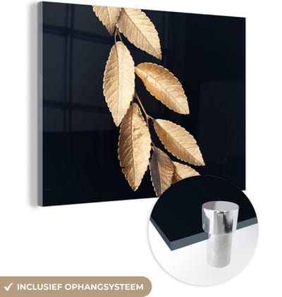 MuchoWow® Glasschilderij 160x120 cm - Schilderij acrylglas - Bladeren - Zwart - Goud - Luxe - Planten - Foto op glas - Schilderijen