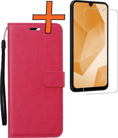 Hoes - Met Screenprotector - Geschikt voor Samsung Galaxy A16 - Luxe Pasjeshouder - Bookcase Portemonee - Flip Case - Kunstleer Book Case - Flipcase - Book Cover - Walletcase - PortemonneeHoes - Donkerroze