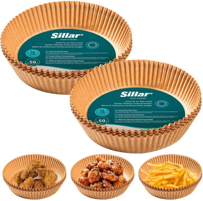 Sillar, AirFryer Wegwerpbakjes, Bakpapier voor luchtfriteuse 16 cm, anti-aanbaklaag, wegwerppapier voor airfryer, oven, pannen, magnetron, ronde, 100 stuks