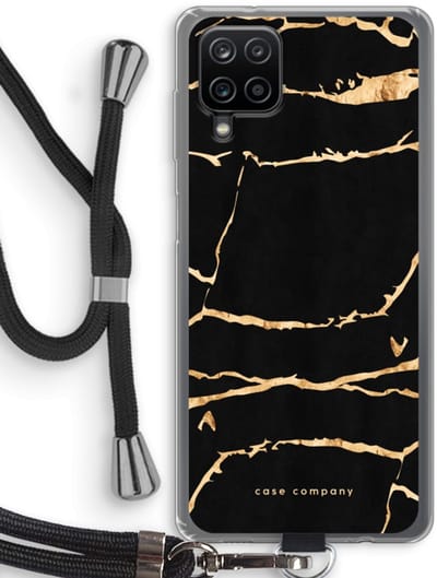 Case Company® - Hoesje met koord geschikt voor Samsung Galaxy A12 hoesje met Koord - Gouden marmer - Telefoonhoesje met Zwart Koord - Bescherming aan alle Kanten en Over de Schermrand