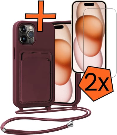 Hoesje Geschikt voor iPhone 14 Pro Hoesje Met Telefoonketting Pasjeshouder Case Met 2x Screenprotector Koord - Hoesje Geschikt voor iPhone 14 Pro Hoes Met Kaarthouder - Aubergine