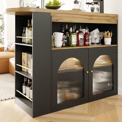 Uitschuifbaar Bartafel & Eettafel 138-193x39x105 cm, Draaibaar met Bergruimte & 1m LED-strip (Instelbare Kleur), Zwart - Geschikt voor Eetkamer