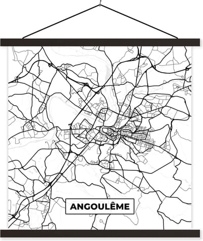Posterhanger incl. Poster 60x60 cm - Schoolplaat - Angoulême - Stadskaart – Plattegrond – Kaart – Frankrijk - Zwart wit - Textielposter - Zwarte latten - Stadskaart
