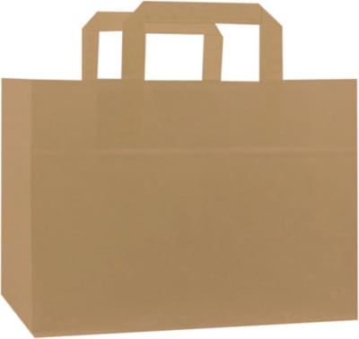 Papieren tassen - Take Away - 35+23x25 cm - Bruin gerecycled kraft - Platte grepen - 50 stuks - Draagtassen voor Patisserie & Snackbar etc.. - Extra brede bodem