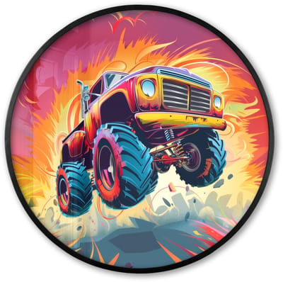 Poster in lijst Rond - Fotolijst 60x60 cm - Posters - Monstertruck - Auto - Jongens - Kleurrijk - Ronde posterlijst zwart - Decoratie - Wanddecoratie woonkamer - Muurdecoratie slaapkamer