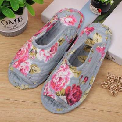 Vintage Korea Bloemen Huis Schoenen Pantoffels Vrouwen Katoenen Stof Huispantoffel Naaien Comfortabele Platte Schoenen Binnen Zacht Reizen 35-38-25cm brown