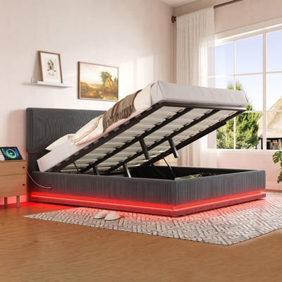 VVBV Gestoffeerd Opbergbed 180x200 cm - Opbergruimte, LED-Verlichting, USB-C, Lattenbodem, Verstelbaar Hoofdbord - Grijs