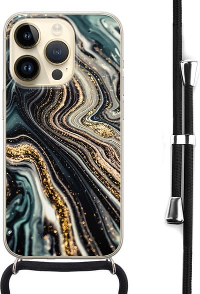 Hoesje met koord - Geschikt voor iPhone 14 Pro - Marble swirl - Verstelbaar zwart koord - Transparant, Multi - Marmer - Leuke Telefoonhoesjes