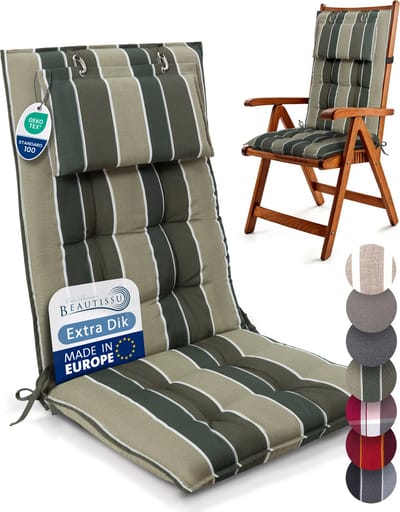 Beautissu Sun-HL – Premium Hoge Rugleuning Stoelkussen 120x50 cm – UV-bestendig – 8cm Dik – met Hoofdkussen & Bevestigingsbanden – Antislip – Groen Gestreept