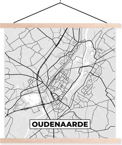 Posterhanger incl. Poster 40x40 cm - Schoolplaat - Stadskaart – Plattegrond – België – Zwart Wit – Oudenaarde – Kaart - Textielposter - Blanke latten - Stadskaart