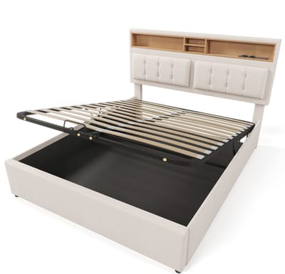 Polsterbett 140x200 met opbergruimte, verstelbaar hoofdeinde, USB-C en stopcontact, linnen beige