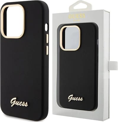 Guess - Siliconen - Script Metal Logo & Frame hoesje voor iPhone - 15 - Pro - zwart