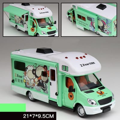 1:32 Cartoon Beer Caravan Speelgoedauto's Model Legering Diecast Miniatuur Toerwagen Deuren Openbaar Reisaanhanger Voor Kind Verjaardagscadeaus