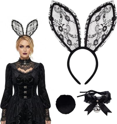 Zwarte kanten haarband met konijnenoren, halsband en staart voor Halloween, carnaval en cosplay evenementen