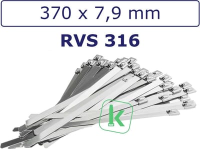 PRO-TIE® - Tyraps, kabelbinders RVS 316 staal - 370 x 7,9 mm (Zak 100 stuks) (tiewrap/tyrap/tie-wrap/bundelbandje/colsonbandje/)