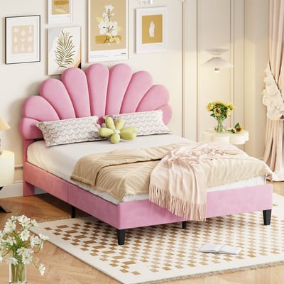 Sweiko Gestoffeerd Twin bed 140 x 200 cm met Bloemhoofdeinde en Vlak noedelsframe, volwassen jeugdbed, huidvriendelijke fluwelen stof, gastenbed Roze