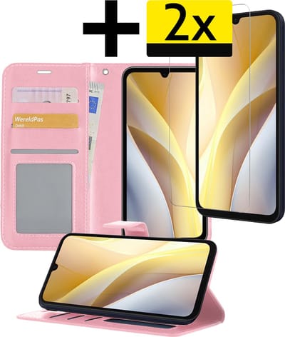 Hoesje - Met 2x Screenprotector - Geschikt voor Samsung Galaxy A15 - Luxe Pasjeshouder - Bookcase Portemonee - Flip Case - Kunstleer Book Case - Flipcase Hoes - Book Cover - Walletcase - Portemonneehoes - Telefoonhoesjes - Lichtroze