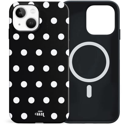 xoxo Wildhearts Polka Dots (Zwart) - Double Layer - Magnetisch hoesje geschikt voor iPhone 13 MagSafe - Hard case met stippenpatroon - Beschermhoes - Shockproof case - Stippatroon - Zwart / Wit