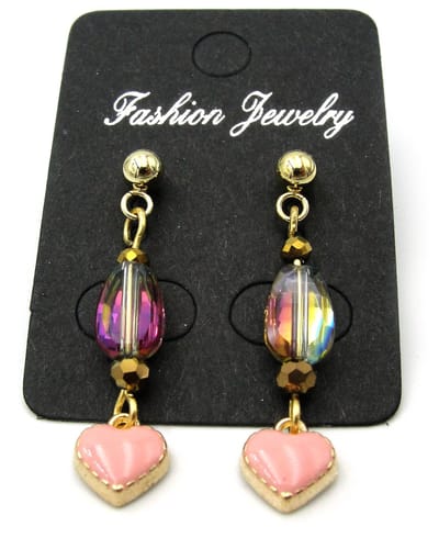 Goudkleurige stalen oorstekers met groen/roze kristal hanger en roze hartje