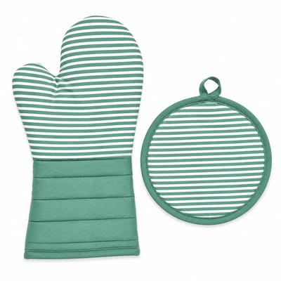 Ovenhandschoen en Pannenlap Set – Groen/Mintgroen – 2-delige Keukenset met Witte Strepen – Ovenwant 18 x 34 cm + Ronde Pannenlap Ø 21 cm