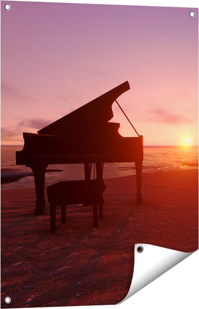 Gards Tuinposter Piano op het Strand bij Zonsondergang - 60x80 cm - Tuindoek - Tuindecoratie - Wanddecoratie buiten - Tuinschilderij