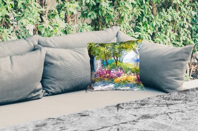 Tuinkussen - Schilderij - Planten - Bloemen - Huis - Olieverf - 40x40 cm - Weerbestendig