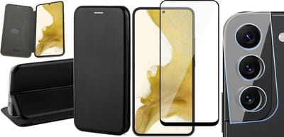 Hoesje geschikt voor Samsung Galaxy S22 Plus - Book Case Kunstlederen Wallet Cover Minimalistisch Pasjeshouder Hoes Zwart - Full Tempered Glass Screenprotector - Camera Lens Protector