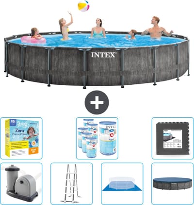 Intex Rond Prism Frame Greywood Zwembad - 549 x 122 cm - Inclusief Pomp - Ladder - Grondzeil - Afdekzeil Onderhoudspakket - Filters - Vloertegels