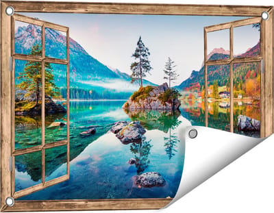 Gards Tuinposter Doorkijk Meer in de Bergen tijdens de Herfst - 60x40 cm - Tuindoek - Tuindecoratie - Wanddecoratie buiten - Tuinschilderij
